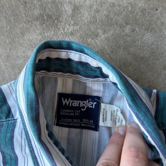 VINTAGE 80S WRANGLER GREEN STRIPED BUTTON UP SHIRT DRESS WESTERN FITS LARGE - Picture 4 of 5